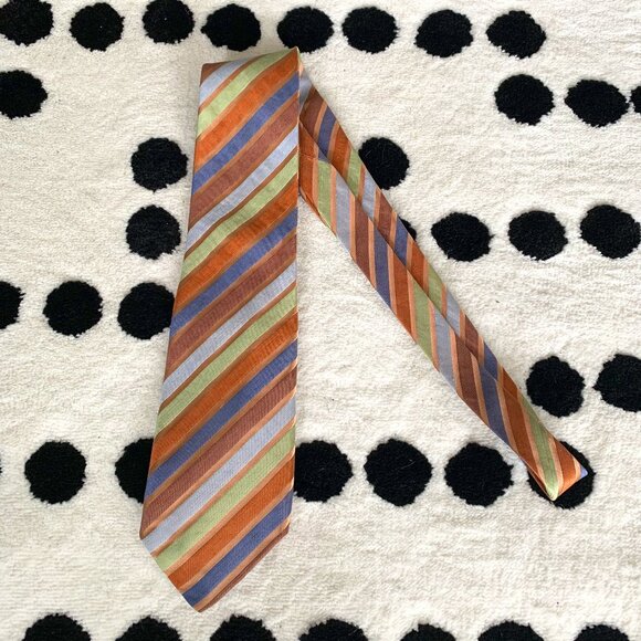 Eton Silk Linen Brown Green Striped Print Neck Tie - Picture 1 of 8